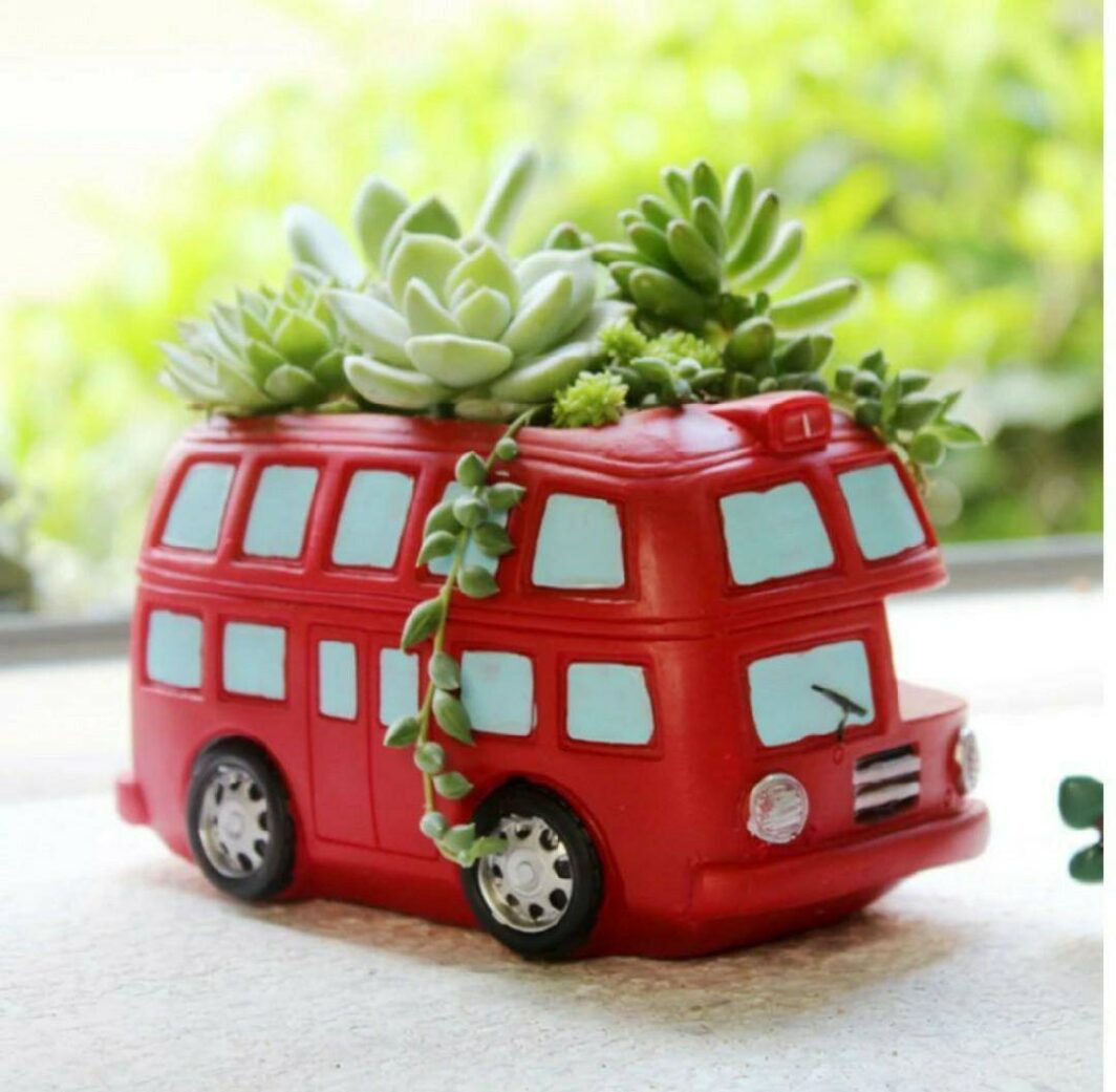 Red color double Decker Resin Succulent Bus Pot